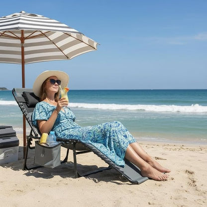 Folding Outdoor Chaise Lounge Chair, 5-Position Adjustable Sun Tanning Chair with Removable Pillow, Side Pocket & Carry Handle for Beach, Garden & Pool