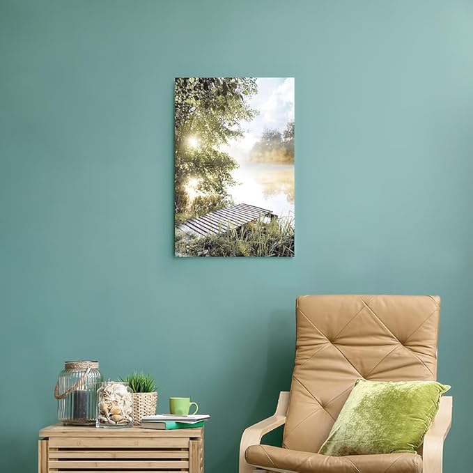 Lake Landscape Canvas Wall Art: Sunrise Nature Scenery Picture Vertical Pier Painting Print Artwork Living Room Bedroom Decor