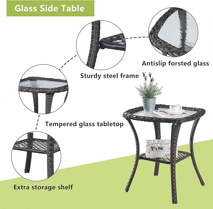 HUMMUH Patio Wicker Side Table Outdoor, Rattan End Table Glass Top Coffee Table with Storage Brown