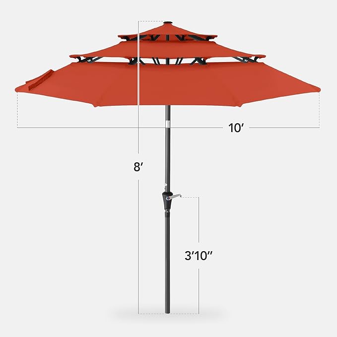 Best Choice Products 10ft 3-Tier Market Patio Umbrella, Outdoor Sun Shade with Tilt, Crank Lift, 8 Ribs for Backyard, Deck, Poolside – Rust