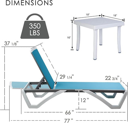 Kozyard Outdoor Chaise Lounge Chair Set Fully Flat Adjustable Patio Lounger | Aluminum Frame, Resin Legs, Textilene Fabric for Poolside, Backyard, Beach, Aqua, Chair + Table