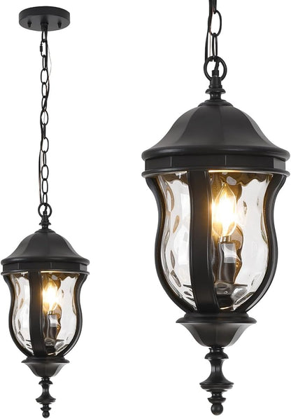 Large Outdoor Pendant Light Fixtures, 19.1'' Exterior Hanging Lantern Porch Light Adjustable, Black Hanging Lamp Farmhouse Exterior Chandelier Ceiling Mount for Entrance Patio