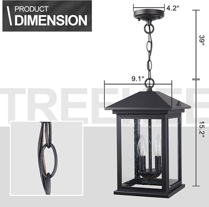 Treekee Large Outdoor Pendant Light, Modern Adjustable Hanging Lantern, Black Outside Porch Chandelier Light with Seeded Glass, Exterior Pendant Lighting for Patio, Porch, Yard