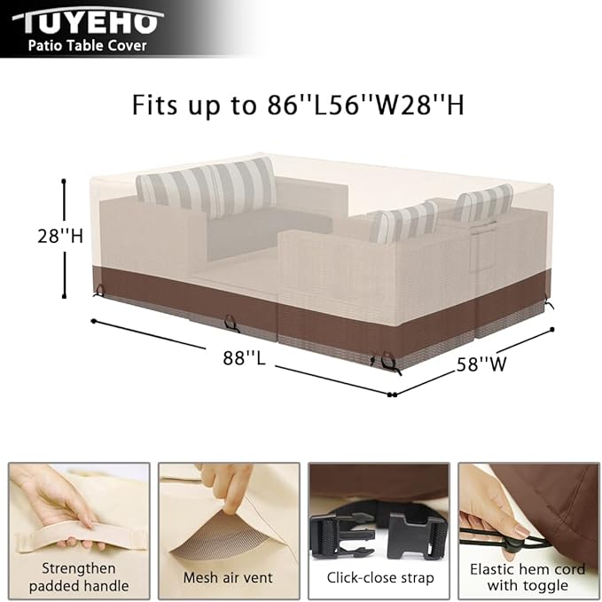 Tuyeho Patio Furniture Set Cover 88 x 58 x 28 inch, Durable Heavy Duty Oxford Fabric Outdoor Sectional Set Cover, Waterproof & Weather Resistant, for Your Outdoor Sectional Sofa Set (Beige & Brown)