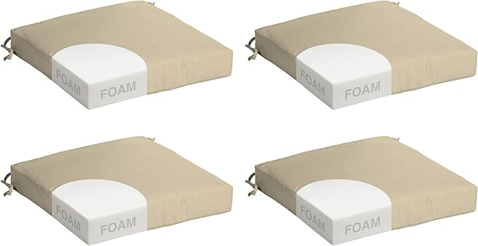 Arden Foam Outdoor Seat Cushions (4-Pack), 19 x 19, Premium High-Density Foam, Never Flattens, Weather-Proof for Outdoor Chairs Tan Leala
