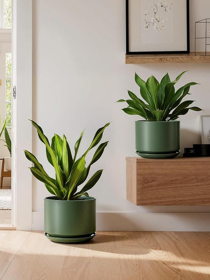LE TAUCI Ceramic Pots for Plants, 8 Inch Plant Pot with Drainage Hole & Saucer, Modern Planters for Indoor Plants, Round Flower Pot for Snake Plant, Monstera, Perfect for Home Decor, Forest Green