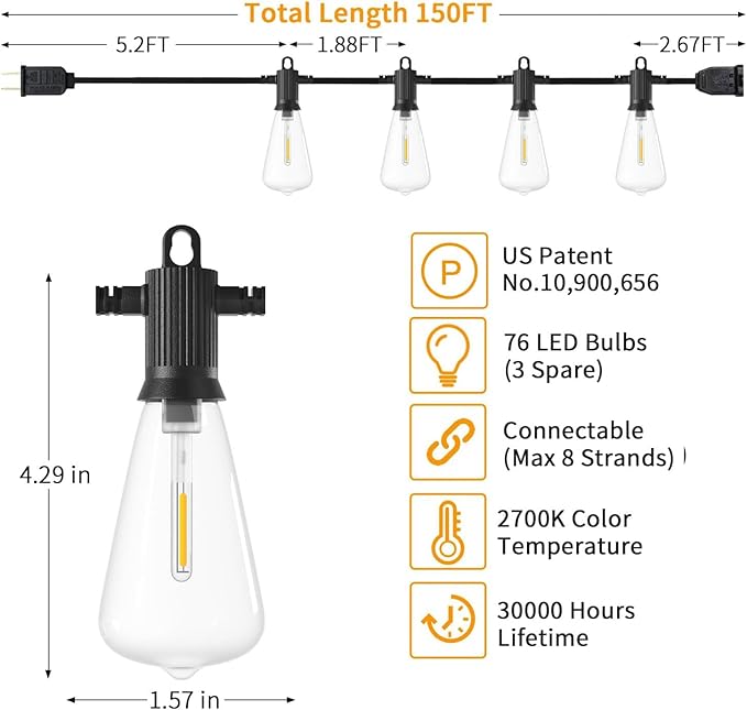 ZOTOYI Outdoor String Lights 150 FT, Waterproof IP65 Outdoor Lights for Patio with 76 Edison ST38 LED Bulbs(3 Spare), Plastic LED String Lights for Outside, Bistro, Cafe, Backyard, Garden 2700K