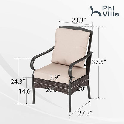 PHI VILLA Outdoor Dining Chairs Set of 2, Heavy Duty Outdoor Metal Wicker Dining Chair with Padded Cushions, Large All Weather Wrought Iron Patio Chair for Balcony