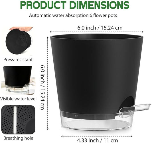 Self Watering Pots for Plants, 2026 New Flower Plant Pots with Drainage Holes, Wicking and Clear Reservoirs for Succulent, Aloe, Cacti and Others - 6 Pack (Black, 6")