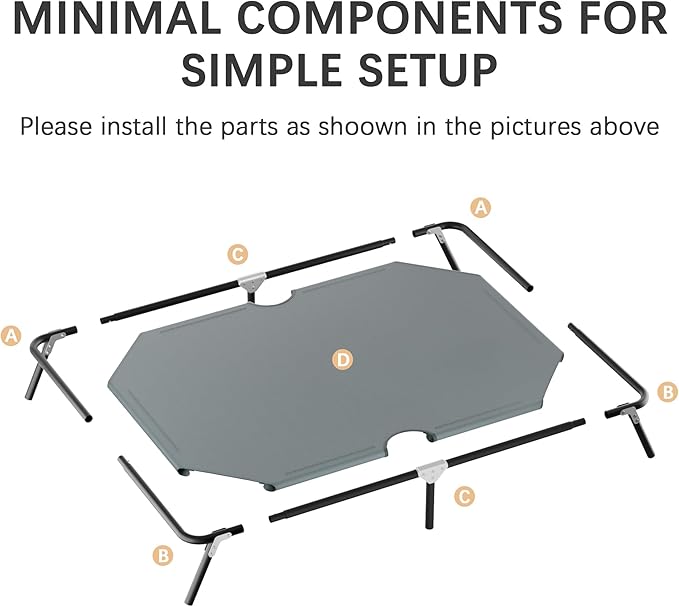 Folding Elevated Dog Bed for Large Dogs, Portable Raised Camping Outdoor Dog Bed, Washable Elevated Pet Beds with No-Slip Feet, Raised Cooling Pet Beds for Indoor & Outdoor Use, Grey, 44 Inches