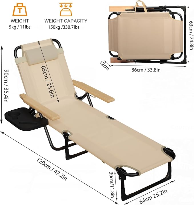 Foldable Chaise Lounge Chair Outdoor, 4-Position Reclining Outdoor Lounge Chairs with Wooden Armrest, Folding Sun Lounger with Removable Pillow for Garden Beach Patio Camp (Black)