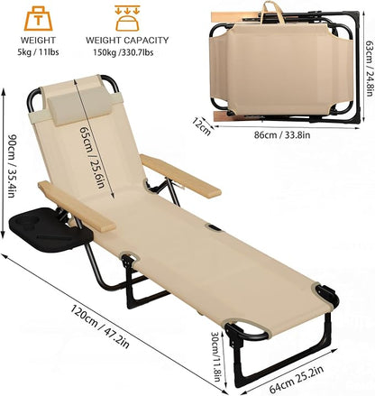 Foldable Chaise Lounge Chair Outdoor, 4-Position Reclining Outdoor Lounge Chairs with Wooden Armrest, Folding Sun Lounger with Removable Pillow for Garden Beach Patio Camp (Black)
