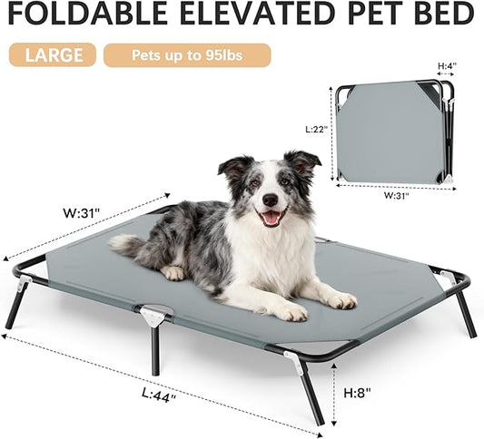 Folding Elevated Dog Bed for Large Dogs, Portable Raised Camping Outdoor Dog Bed, Washable Elevated Pet Beds with No-Slip Feet, Raised Cooling Pet Beds for Indoor & Outdoor Use, Grey, 44 Inches