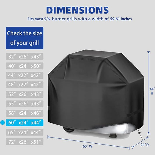 Perfect Grill Cover for Outdoor Grills Waterproof Rip-Proof Weather Resistant for Reliable Protection Griddle Cover Easy to Clean Adjustable Hem Drawstring Fade Resistant (Black, 60)