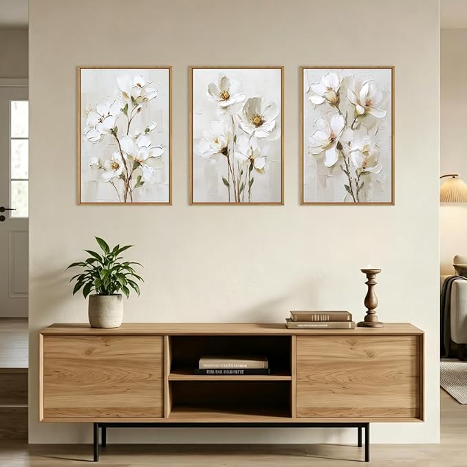 FWIEXA 3D Beige White Floral Canvas Wall Art Set 3,Texture Neutral Flower Framed Prints,Modern Abstract Aesthetic Botanical Paintings,16x24In Watercolor Minimalist Magnolia Artwork for Living Room,Bedroom,Office