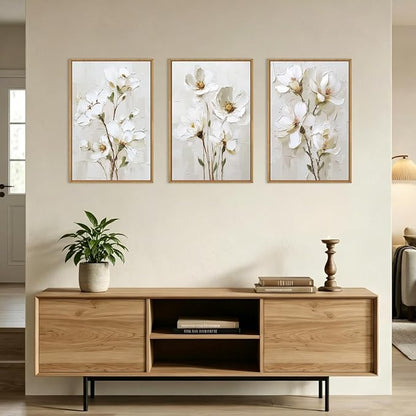 FWIEXA 3D Beige White Floral Canvas Wall Art Set 3,Texture Neutral Flower Framed Prints,Modern Abstract Aesthetic Botanical Paintings,16x24In Watercolor Minimalist Magnolia Artwork for Living Room,Bedroom,Office