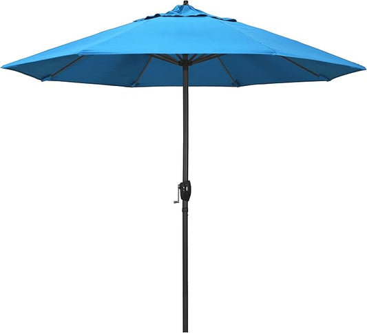 California Umbrella 9' Rd Aluminum Patio Umbrella, Crank Lift, Auto Tilt, Black Finish, Sunbrella Cyan