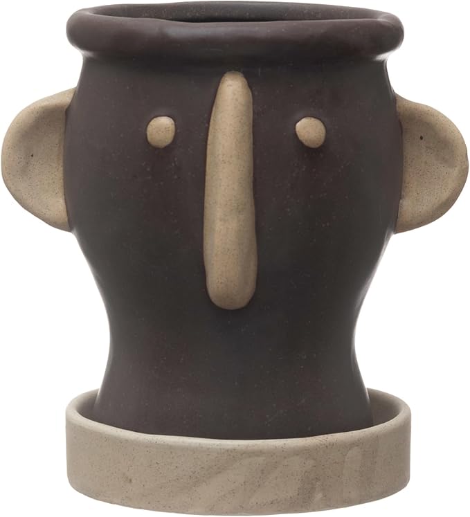 Creative Co-Op Stoneware Face Planter with Saucer, Brown & Cream Color, Holds 4" Pot