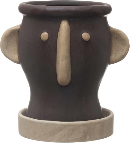 Creative Co-Op Stoneware Face Planter with Saucer, Brown & Cream Color, Holds 4" Pot