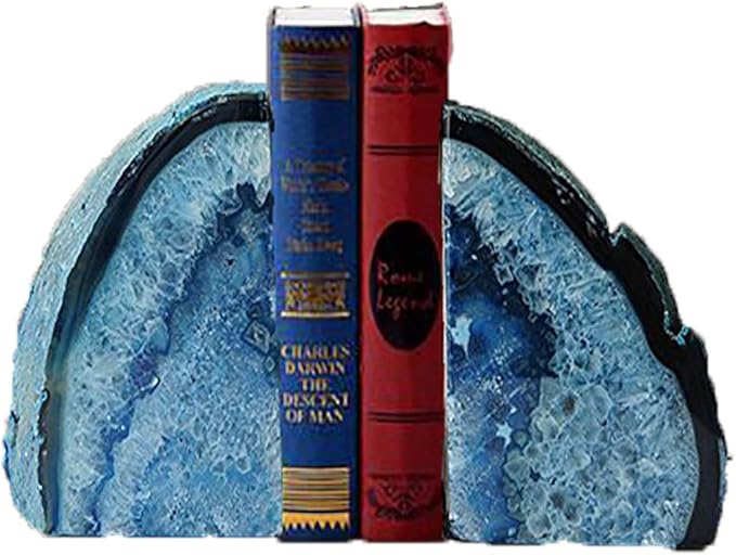JIC Gem Blue Agate Bookends Geode Book Ends for Shelves Decorative Crystal Bookends Heavy Duty Bookend Bookshelf Decor with Rubber Bumpers(1 Pair, 3-4 LBS)