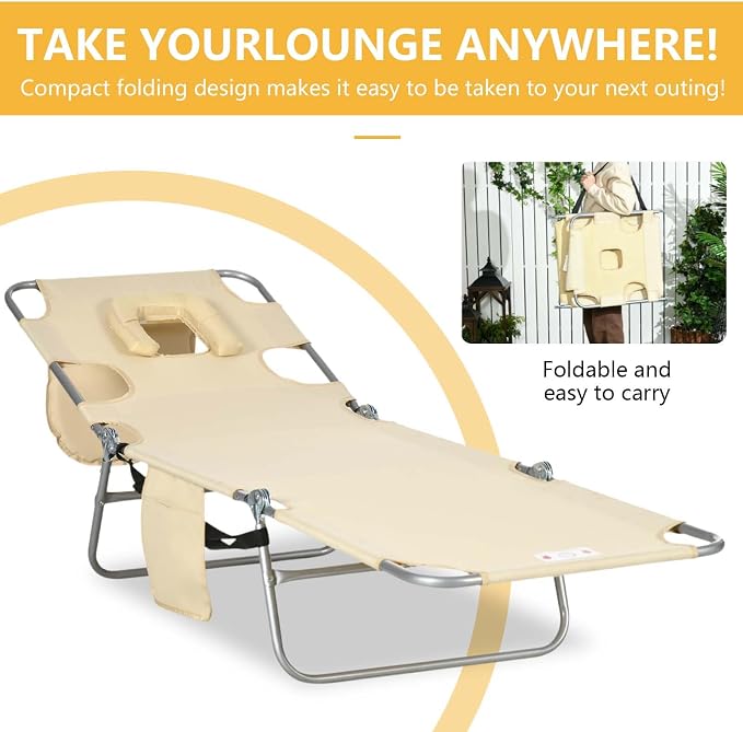 Sun Tanning Chair with Face Hole, Heavy Duty Adjustable 5-Position Folding Laying Out Chairs for Tanning, Beach Lounge Chairs for Adults for Outdoor Sunbathing Patio Pool Lawn (Beige)