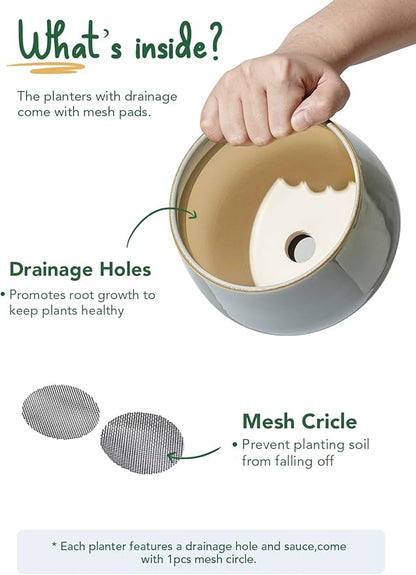 LE TAUCI Plant Pots for Indoor Plants, 4.1+5.1+6.5 inch, Set of 3, Ceramic Planters with Drainage Hole and Saucer, Indoor Flower Pot with Hole Mesh Pad, Gifts for Mom, Reactive Glaze Blue Gray