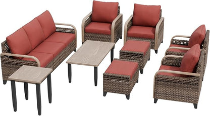 Modern Wicker Patio Furniture Set, Rattan Outdoor Conversation Set, 4 Swivel Rocking Chairs, 3 Seat Couch, 2 Ottomans, Coffee Table and Side Table, 9 Pieces, Brown/Red
