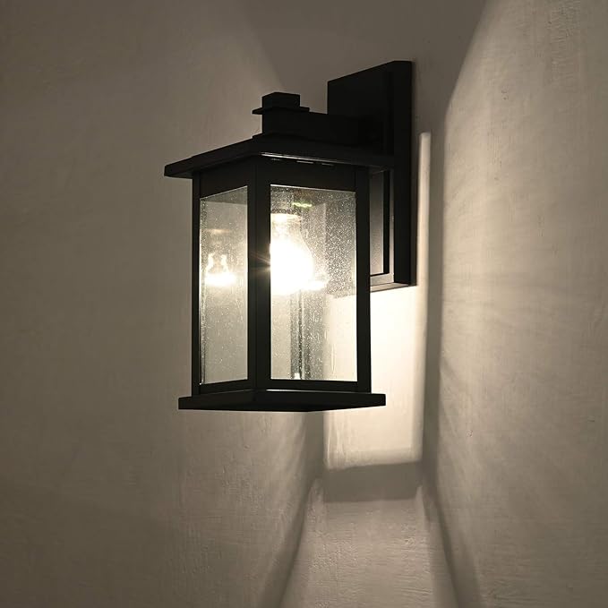 MICSIU 2 Pack Outdoor Wall Sconce, 12 Inch Black Exterior Light Fixtures with Clear Seedy Glass, Metal Outside Lights for House, Porch, Garage.