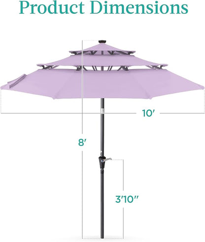 Best Choice Products 10ft 3-Tier Solar Patio Umbrella, Outdoor Market Sun Shade for Backyard, Deck, Poolside w/ 24 LED Lights, Tilt Adjustment, Easy Crank, 8 Ribs - Lavender