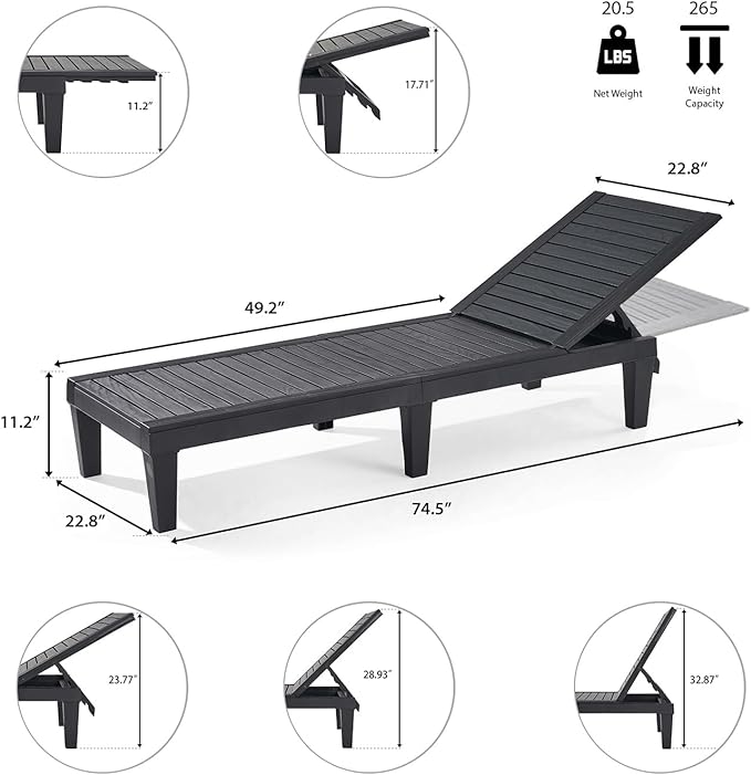 Nestl Patio Chairs - Black Chaise Lounge Chair Outdoor, 5-Position Adjustable Sun Tanning Chair, Waterproof Pool Lounge Chairs Set of 12, Reclining Lawn Chair, Lightweight Outdoor Lounge Chairs