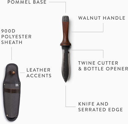Barebones Hori Hori Ultimate - Garden Knife with Double-Edged Tempered Steel Blade, Walnut Handle, Ambidextrous Use, Japanese Knife Garden Tool for Weeding and Gardening (Tool & Sheath)