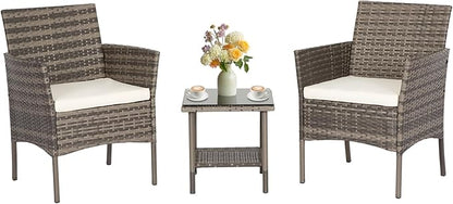 FDW 3 Piece Outdoor Furniture Set Patio Gray Wicker Chairs Furniture Bistro Conversation Set 2 Rattan Chairs with Khaki Cushions and Glass Coffee Table for Porch Lawn Garden Balcony Backyard