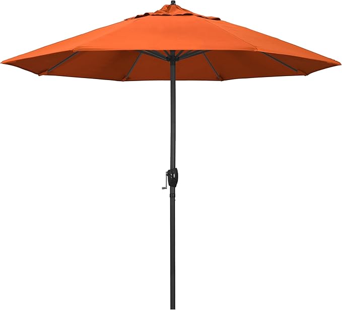California Umbrella 9' Rd Aluminum Patio Umbrella, Crank Lift, Auto Tilt, Black Finish, Sunbrella Melon