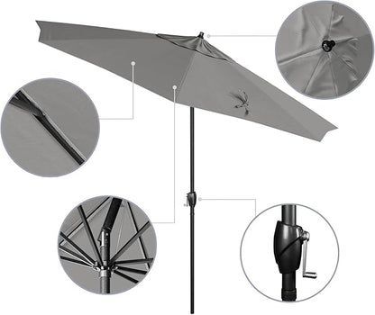 California Umbrella 9' Rd Aluminum Patio Umbrella, Crank Lift, Auto Tilt, Black Finish, Sunbrella Granite
