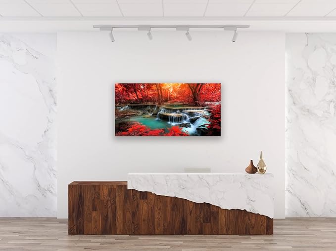 Muolunna BK03950 Wall Art Decor Canvas Print Picture Red Forest Waterfalls 1 Piece Modern Landscape Tree for Living Room Bedroom Kitchen Office Home Decorations Stretched and Framed Ready to Hang