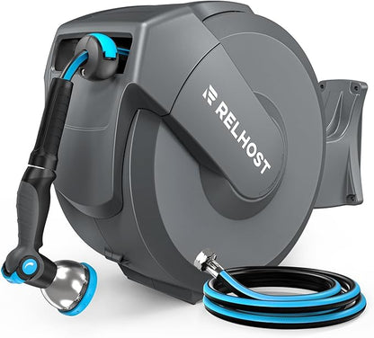 Retractable Garden Hose Reel, 5/8 in x 65 ft Wall Mount Heavy Duty Hose Reel with Any-Length Lock, Auto Rewind System, 180° Swivel Bracket, and 10-Pattern Nozzle for Garden, Dark Grey