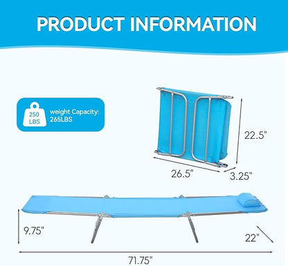 Outdoor Chaise Lounge with Detachable Pillow, Reclining Folding Chair with 5-Position Adjustable Back, Portable Tanning Chair For Beach, Pool, Lawn, Breathable Mesh Seat, No Assembly (Blue 3)