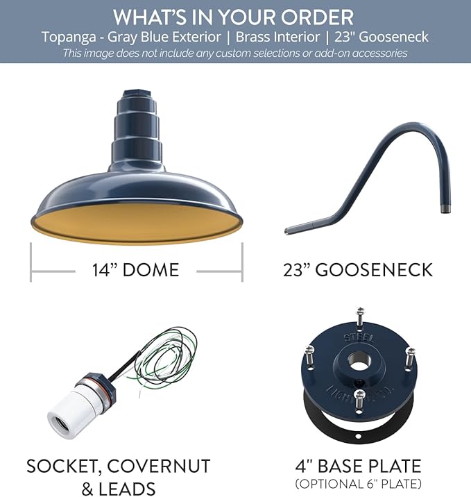 Steel Lighting Co. Topanga Barn Light | Outdoor Wall Mounted | 14 inch Dome | 23" Gooseneck | Farmhouse Garage Light Made in America | Gray Blue Exterior/Brass Interior