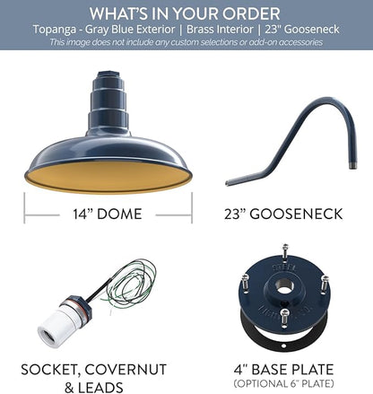 Steel Lighting Co. Topanga Barn Light | Outdoor Wall Mounted | 14 inch Dome | 23" Gooseneck | Farmhouse Garage Light Made in America | Gray Blue Exterior/Brass Interior