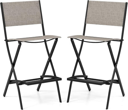 COSTWAY Outdoor Patio Bar Chair Set of 2, Folding Bar Height Stool with Metal Frame & Footrest, Patio Bar Stool for Balcony, Garden & Poolside (2, Coffee)