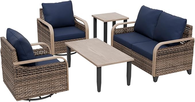COOS BAY Modern Wicker Outdoor Furniture Set, Patio Conversation Set with Swivel Rockers, 2 Seat Loveseat, Coffee Table and Side Table, 5 Piece, Brown/Blue