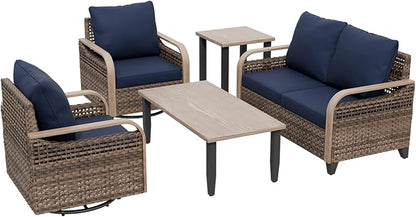 COOS BAY Modern Wicker Outdoor Furniture Set, Patio Conversation Set with Swivel Rockers, 2 Seat Loveseat, Coffee Table and Side Table, 5 Piece, Brown/Blue