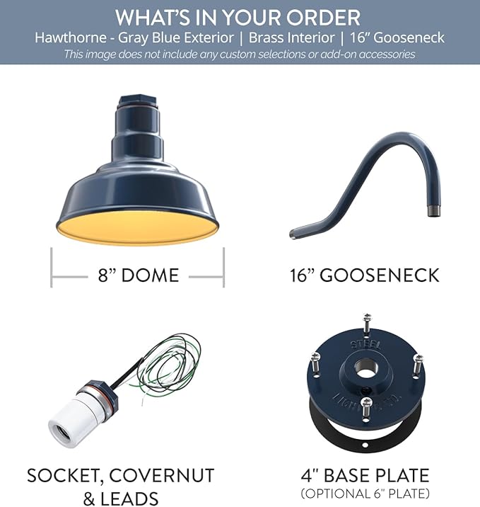 Steel Lighting Co. | Dusk to Dawn | Hawthorne Barn Light | Outdoor Wall Mounted | 8 in Dome | 16 inch Gooseneck| Small Farmhouse Light Made in America | Gray Blue/Brass