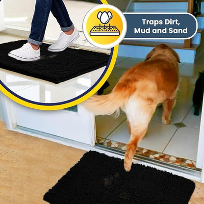 Muddy Mat® | Super Water Absorbent Door Mat Indoor, Microfiber Quick Dry Chenille Entryway Rug, Slip Resistant Front Door Mat, Indoor Mats for Entryway, Machine Washable Pet Rug, Black 22" x 36"
