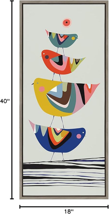 Kate and Laurel Sylvie The Family Tree Mid-Century Modern Framed Canvas Wall Art by Rachel Lee of My Dream Wall, 18x40 Gray, Adorable Bird Art for Wall