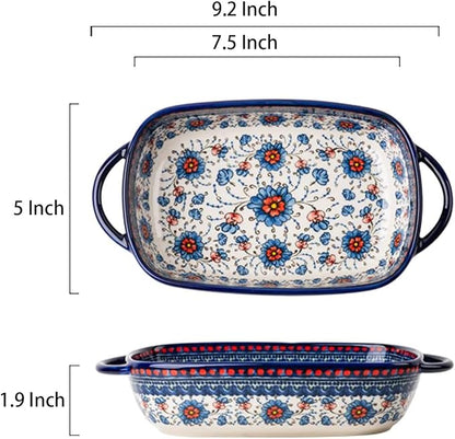 Blue and Orange Flower Vintage Style Ceramic Bakeware Casserole Dish Baking Pan Lasagna Pans with Handles for Oven/Cooking/Kitchen-1 PCS-22 OZ