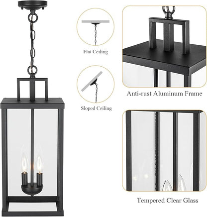 21'' Outdoor Pendant Lantern, 2-Light Modern Black Exterior Chandelier with Clear Glass, Hanging Porch Light for Patio, Yard, Foyer