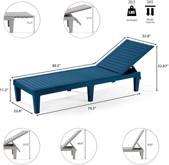 Nestl Sun Tanning Chair - Blue Chaise Lounge Chair Outdoor, Lightweight Pool Lounge Chairs Set of 2, Adjustable 5-Position Reclining Lawn Chair, Waterproof Beach Outdoor Lounge Chairs