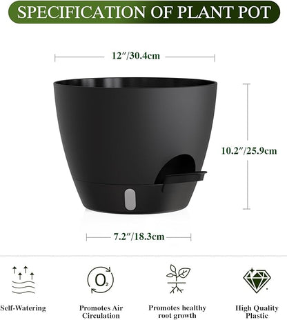 Plant Pots, 1 Pack 12 Inch Self Watering Pots with Drainage Holes, Water Level Indicator Deep Reservoir, Large Planters for Indoor Outdoor Plants - Black
