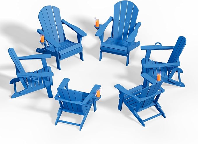 Folding Adirondack Chairs with Cup Holders, Set of 6 HDPE Plastic Outdoor Chairs, Weather Resistant, Real Wood Look, Heavy-Duty Patio Furniture for Deck, Fire Pit, Backyard, Blue